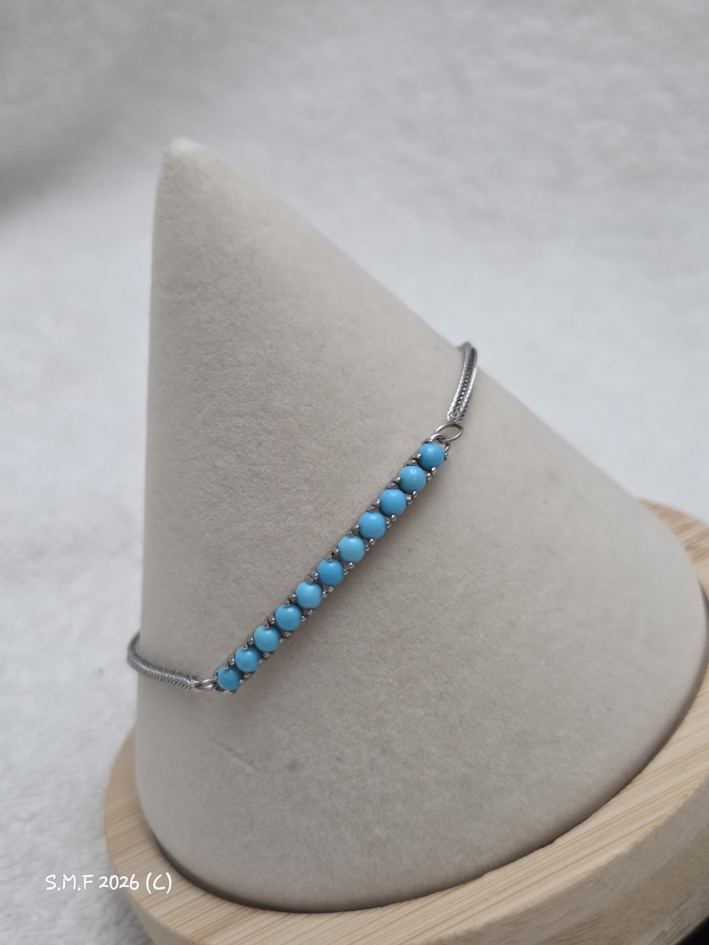Natural Sleeping Beauty Turquoise Bead Bar Bolo Bracelet in Stainless Steel